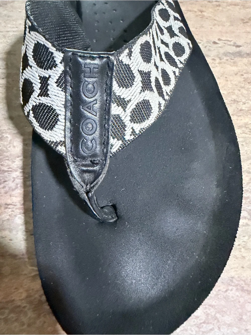 Coach Jessalyn Black Signature Canvas Thong Sandals with White Logo Print